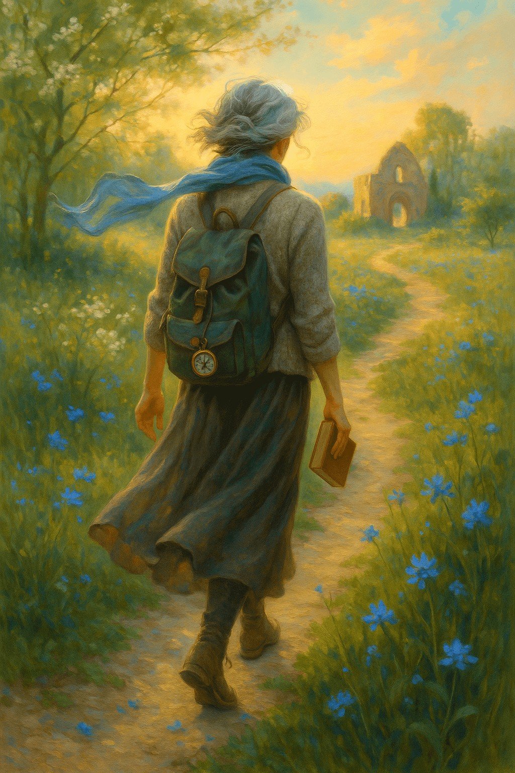 Viajera con mascada azul explorando ruinas en Europa Central al atardecer