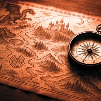 Mitos y Mapas antiguo con símbolos mitológicos y brújula