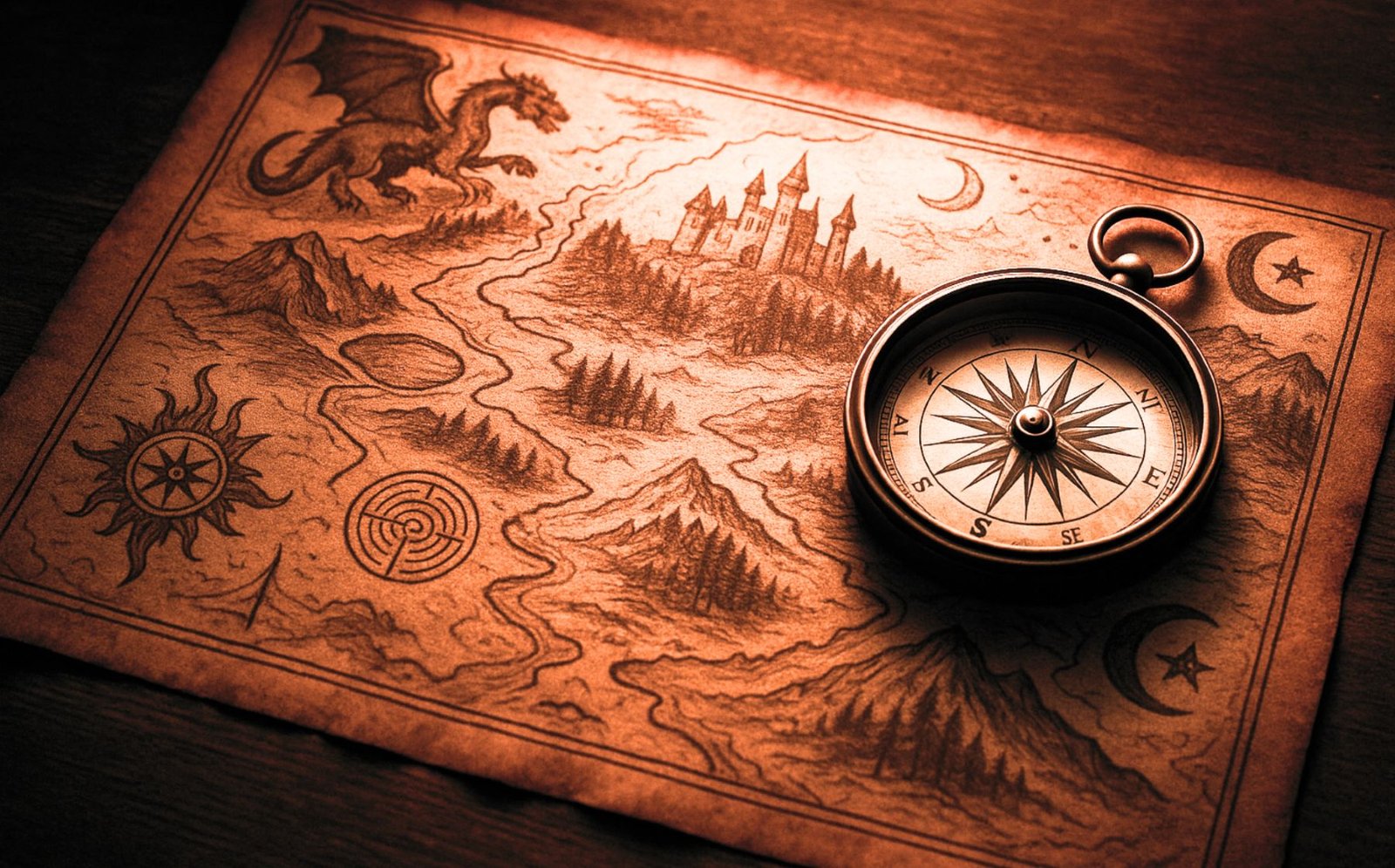 Mitos y Mapas antiguo con símbolos mitológicos y brújula