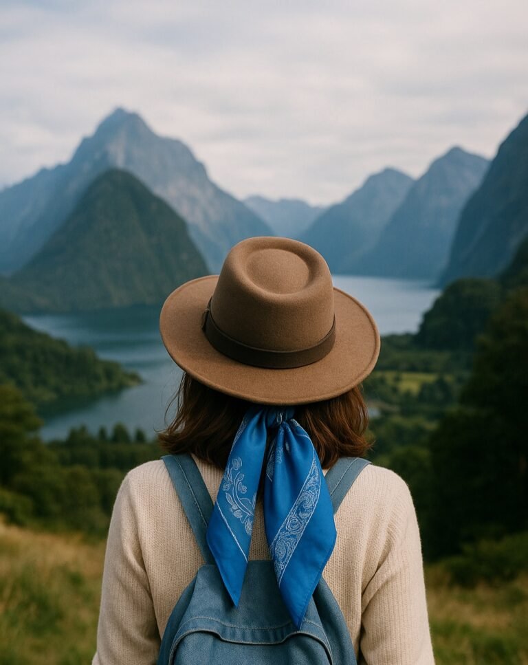 Arquetipo mujer exploradora con mascada azul - Vista al lago