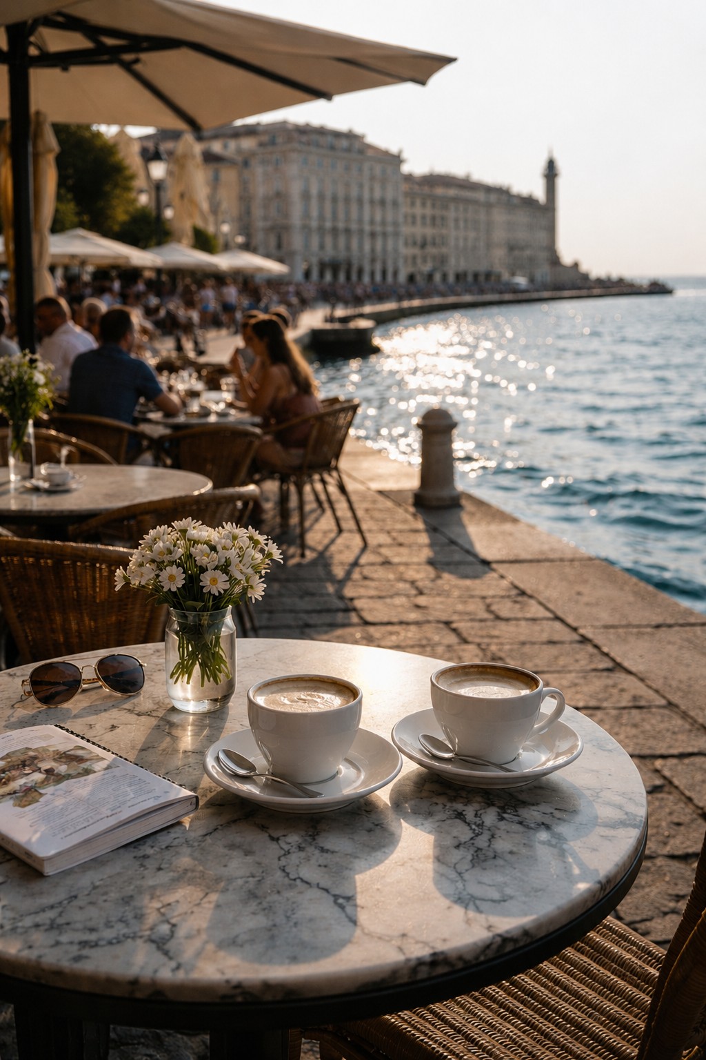 Café frente al agua durante una pausa tranquila en el viaje.