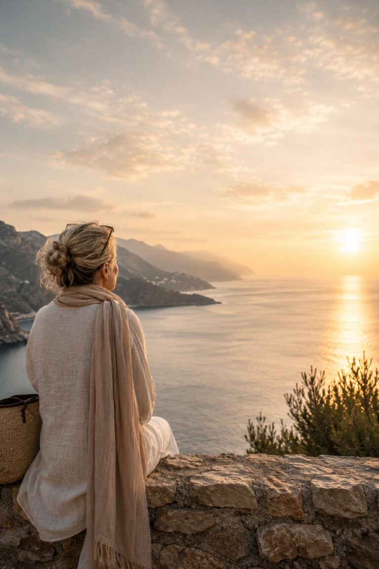 Viajera contempla el mar al atardecer desde un mirador de piedra.