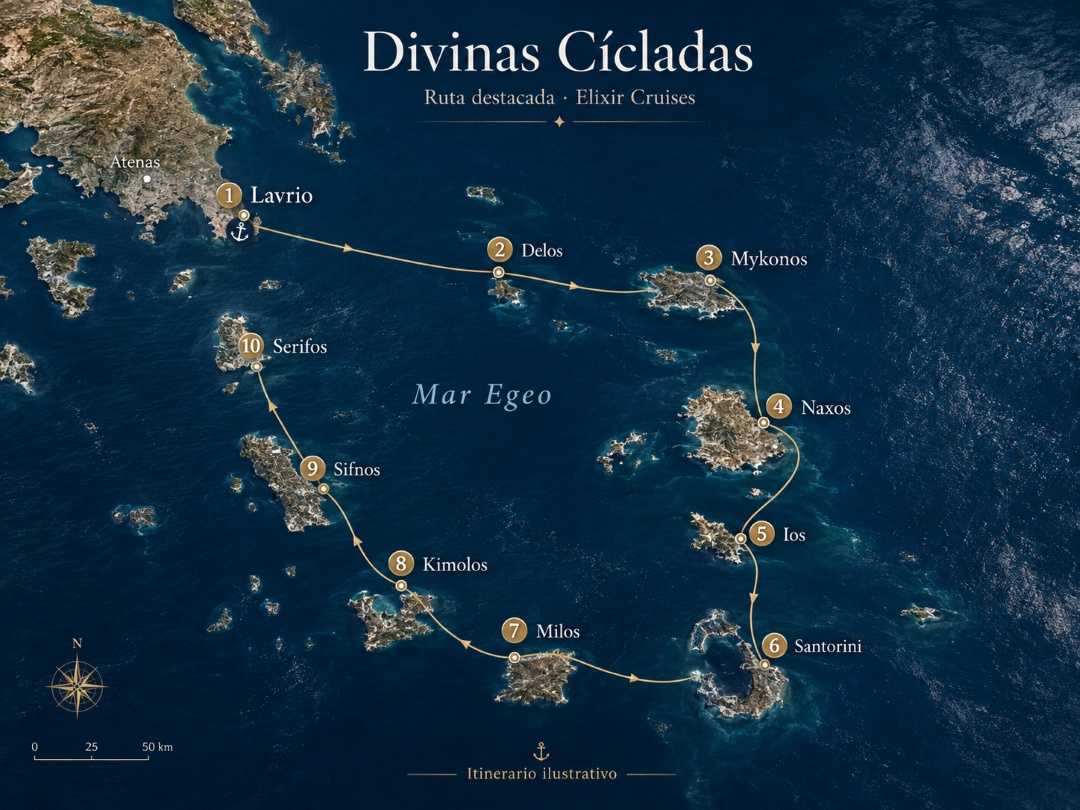 Mapa de Divinas Cícladas para Elixir Cruises tarifas 2027, con ruta desde Lavrio por Delos, Mykonos, Naxos, Santorini, Milos, Sifnos y Serifos.