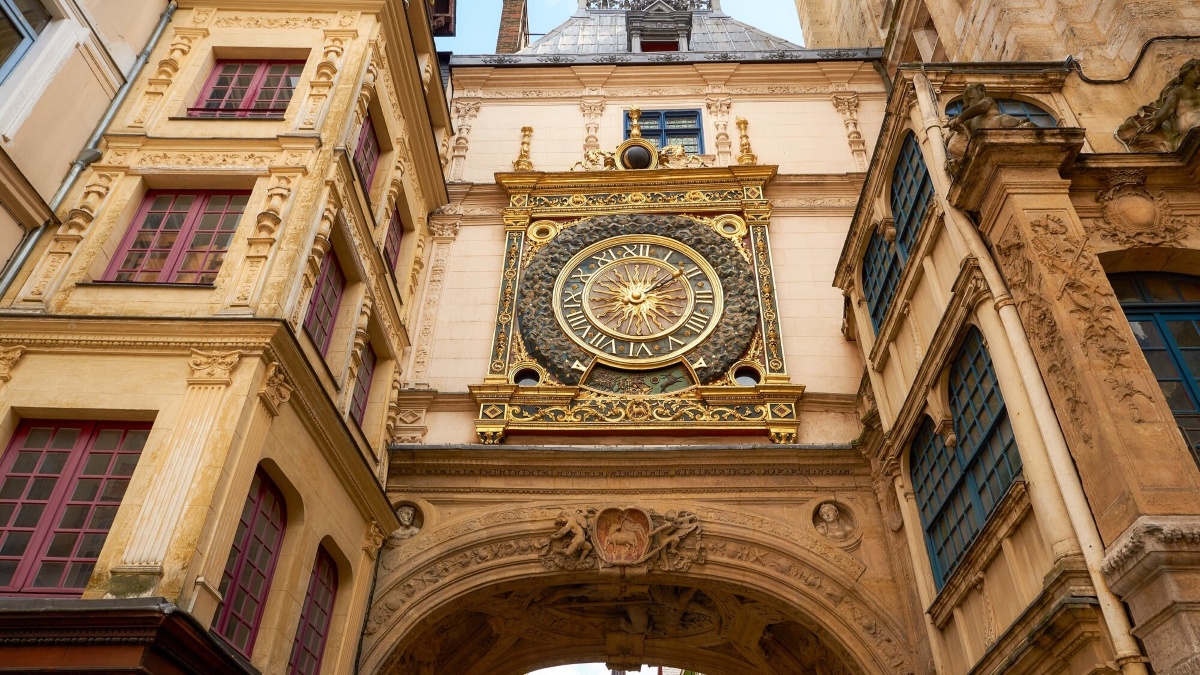 Gros-Horloge astronomical clock in Rouen’s historic center, a stop on Seine River cruises.