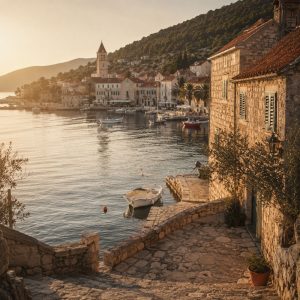 Pequeño pueblo costero de Croacia entre casas de piedra al caer la tarde.