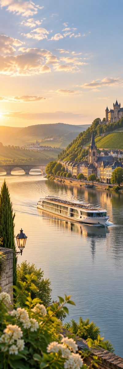 River cruise sailing at sunset between vineyards and a historic European town.