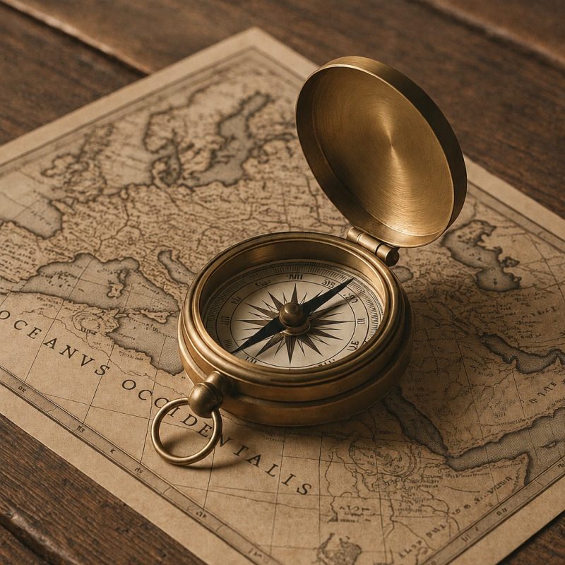 Brújula antigua sobre mapa de viaje, símbolo de itinerarios boutique para viajeros independientes y servicios B2B para agencias de viajes