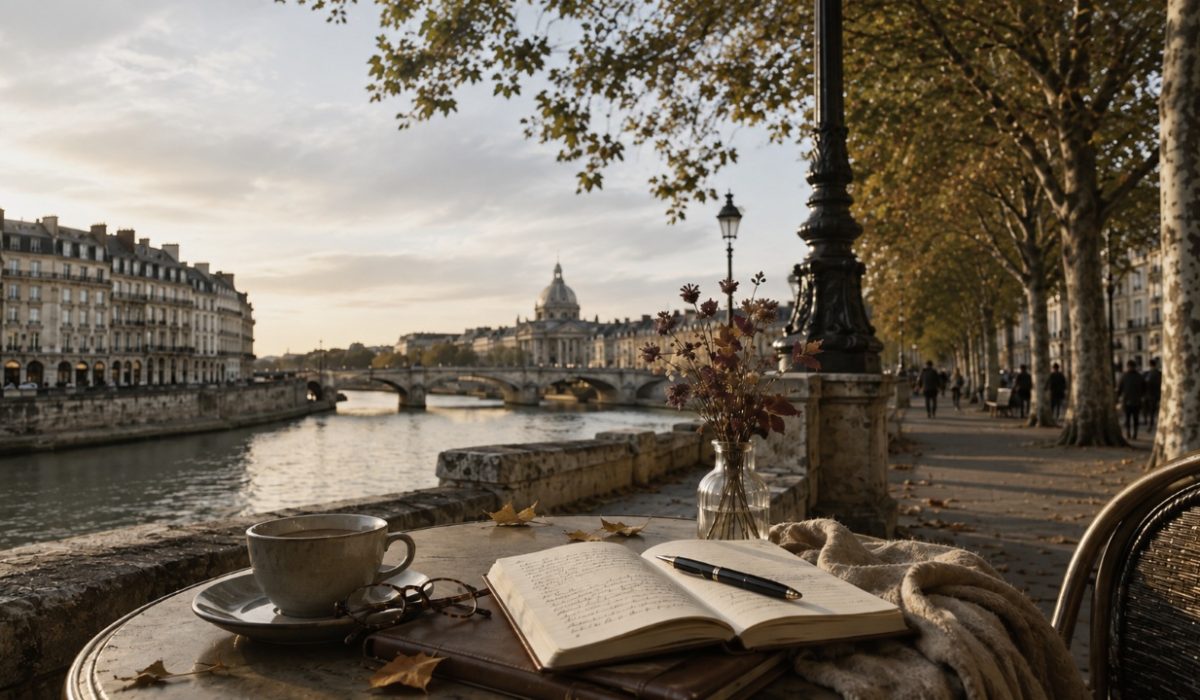 Mesa con cuaderno y café junto a un río, al inicio de la planeación de un viaje de L'Atelier Viajes