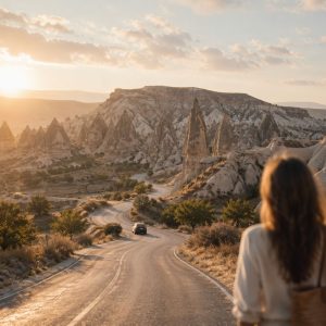 Carretera entre los paisajes rocosos de Capadocia durante una ruta por Turquía.
