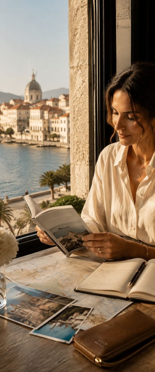 Lectura junto al mar en un café costero