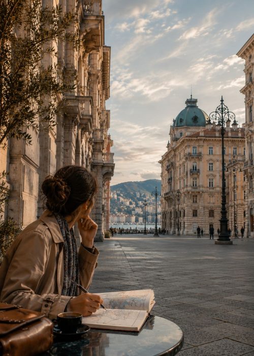 Viajera observa la vida de una plaza histórica desde una mesa de café.