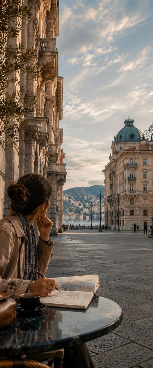 Viajera observa la vida de una plaza histórica desde una mesa de café.