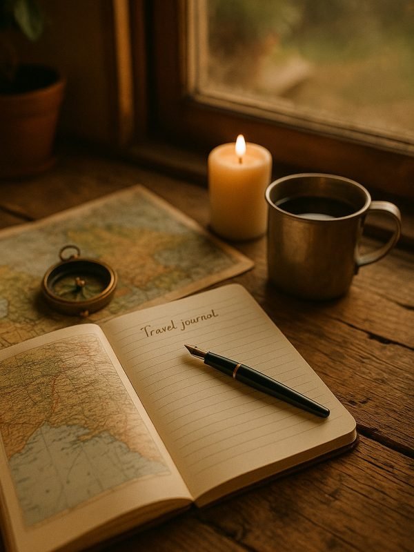 Detalle de mapa antiguo y brújula, imagen inspiracional de L’Atelier Viajes.”